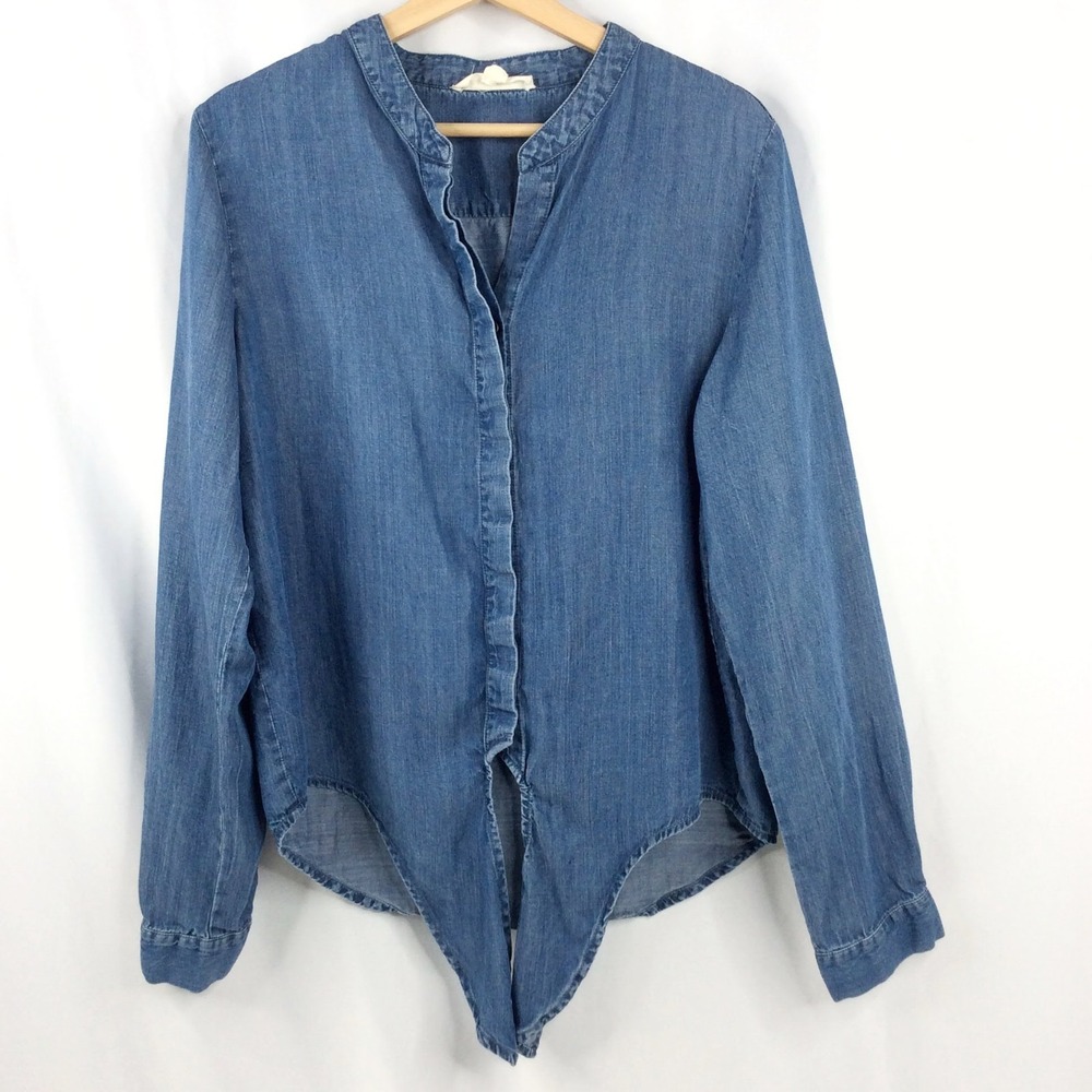 Lovestitch Tie Front Denim Chambray Top women's Size Large Blue Long Sleeve